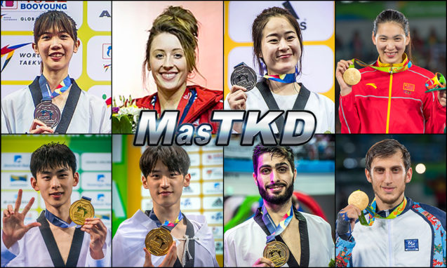 Panipak Wongpattanakit (THA), Jade Jones (GBR), Hyeri Oh (KOR), Shuyin Zheng (CHN), Taehun Kim (KOR), Dae-hoon Lee (KOR), Milad Beigi Harchegani (AZE) y Radik Isaev (AZE). Números 1 – WTF World Olympic Ranking – Taekwondo WTF – Agosto 2017.