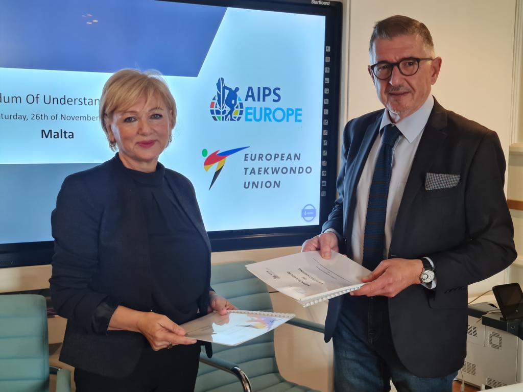 The ETU Vice Prsident, Ms Anna Vassallo with the AIPS Europe President, Mr. Charles Camenzuli, after the MOU signing.